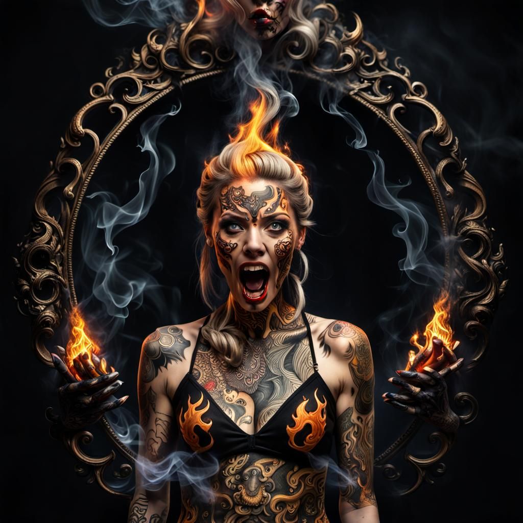 Fiery Portrait of a Screaming Tattooed Woman