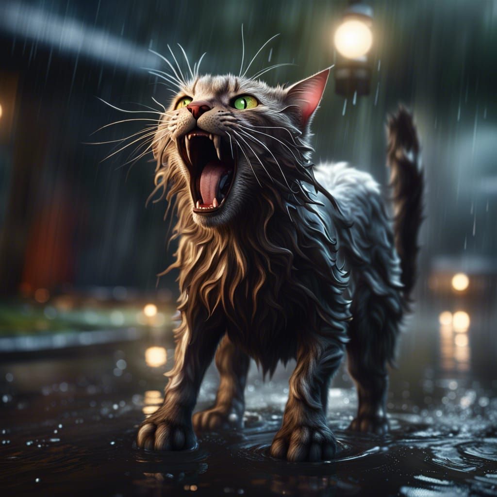Hyperrealistic Wet Cat in Distress, Detailed Digital Art