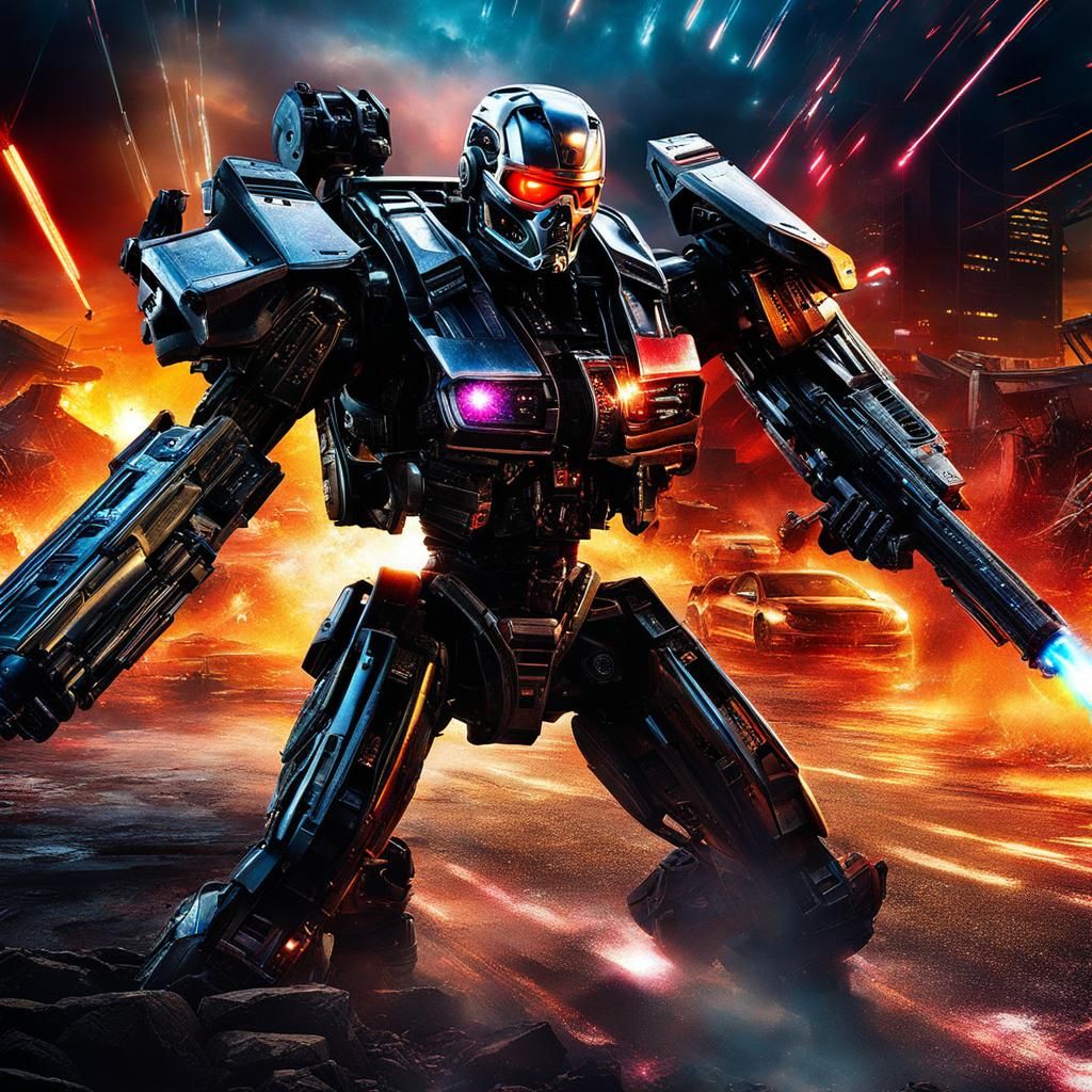 Futuristic Battle: Connor vs. Terminator in Neon City