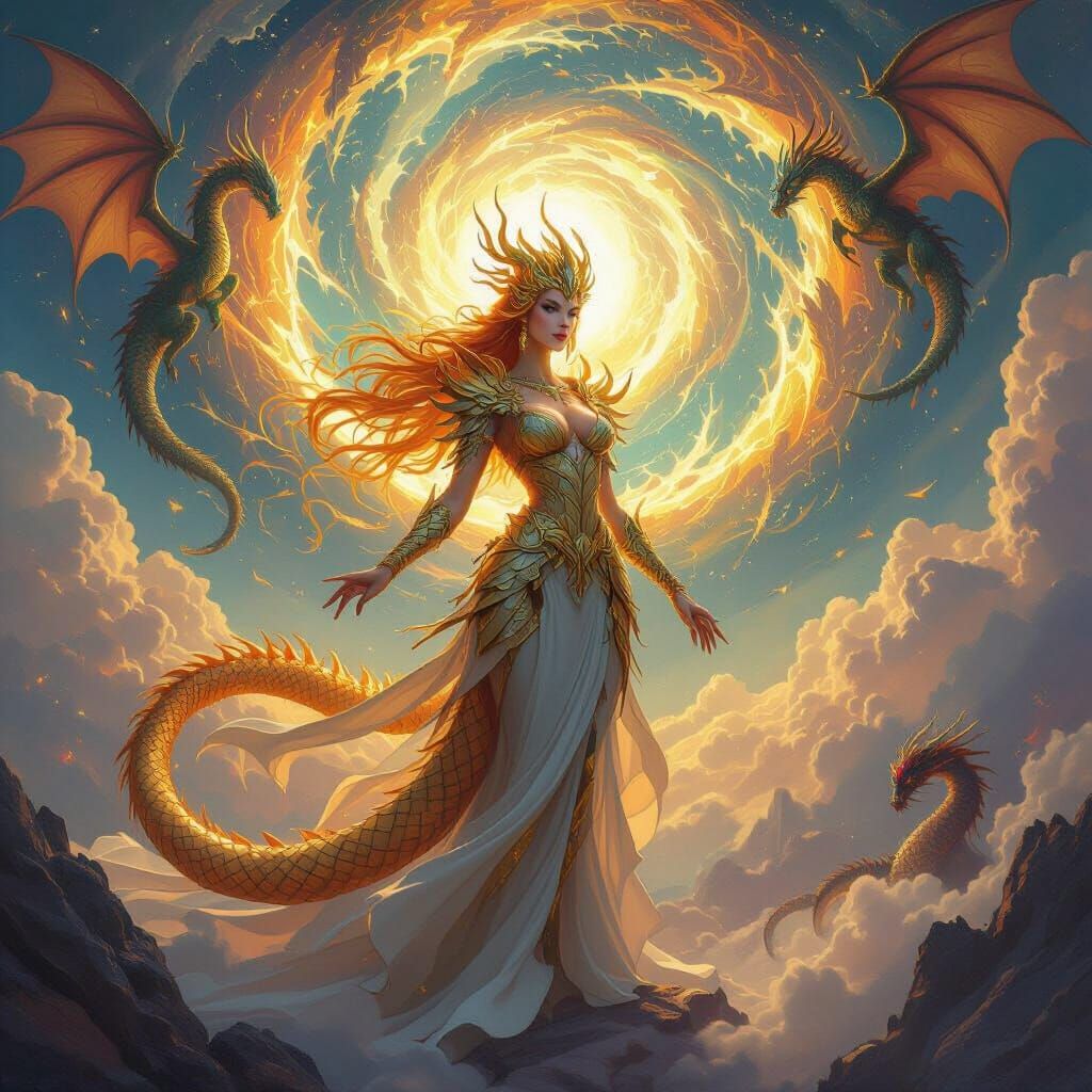 Radiant Dragon Goddess Commands Swirling Vortex of Dragons