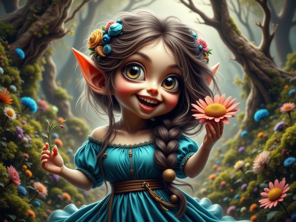 Whimsical Elf Girl in Enchanted Forest