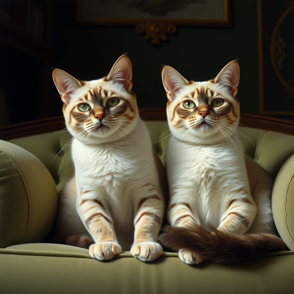 Siamese Cats on Green Velvet Sofa, in Photo-Realism Style
