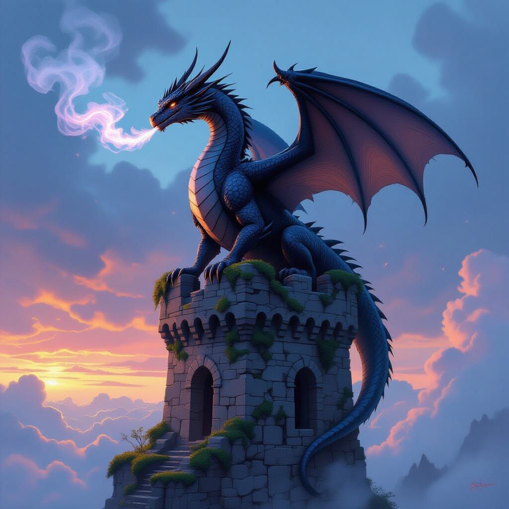 Obsidian Dragon on Crumbling Tower at Twilight