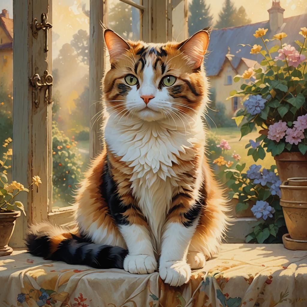 Calico Cat in French Countryside: Ethereal Fantasy Art