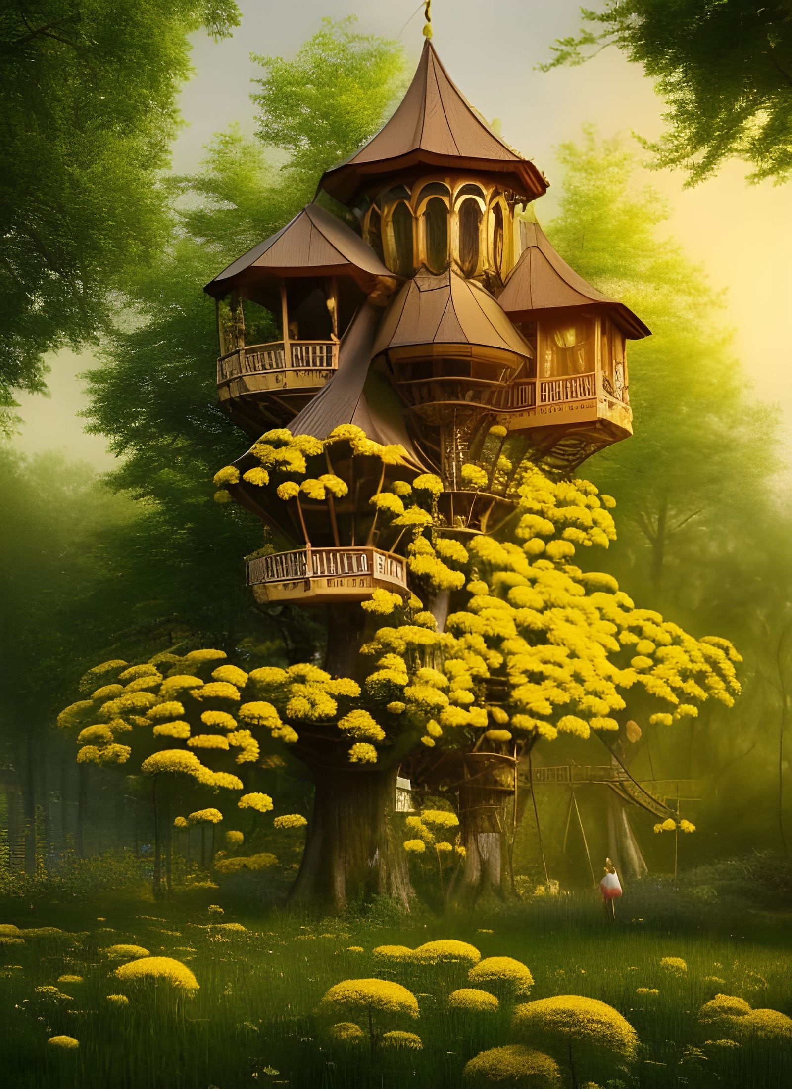 Hyperrealistic Russian Garden Treehouse in Bright Colors