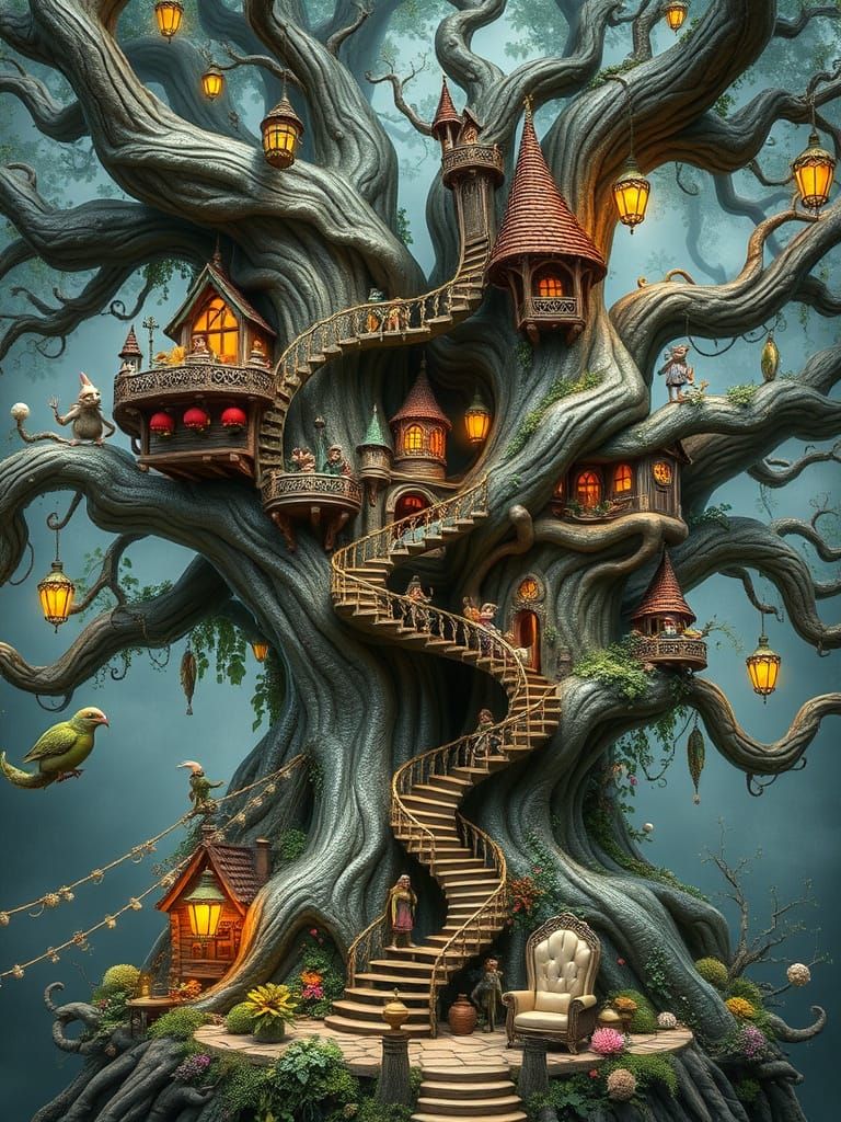 Whimsical Fantasy Treehouses in a Magical Forest