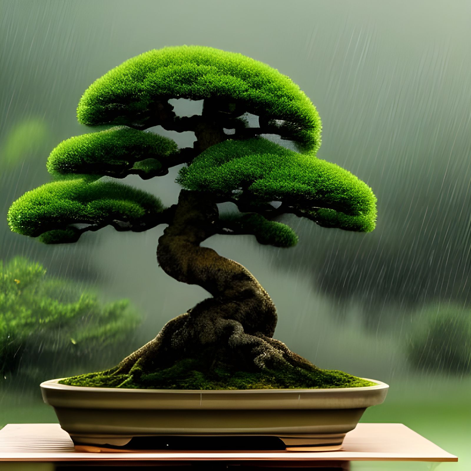 Spectacular Bonsai Tree on a Rainy Day in Japan