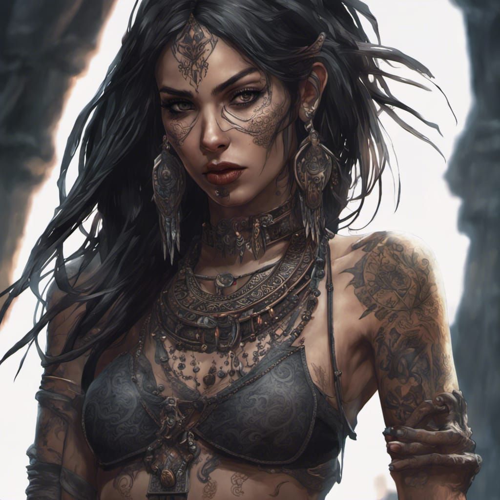 Exotic Goth Girl with Tribal Tattoos: Dark Fantasy Art