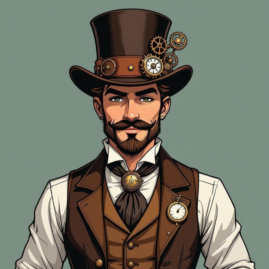 Steampunk Gentleman Portrait in Bold Linework Style