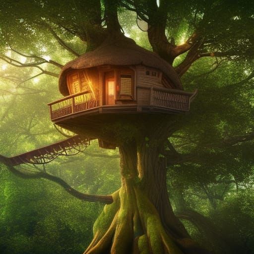 Cozy Treehouse Meditation Scene: Detailed Digital Illustrati...