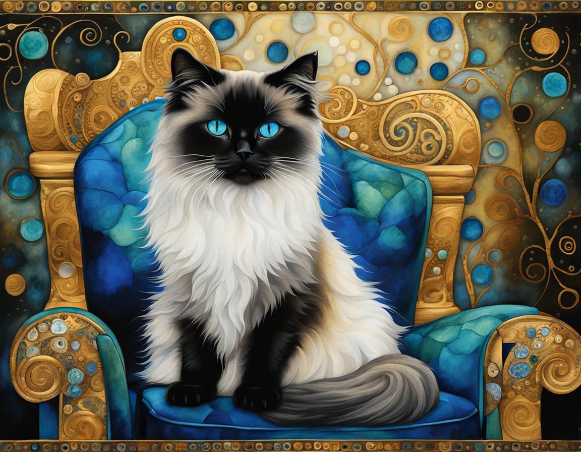 Birman Cat on Klimt-Style Chair in Surreal Alcohol Ink