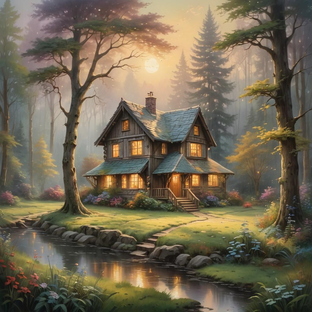 Ethereal Cottage in Orb: Whimsical Oil Painting