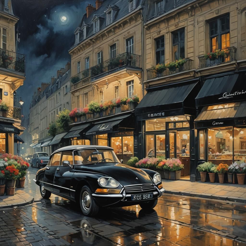 Citroen DS Parked by French Flowershop: Oil Painting