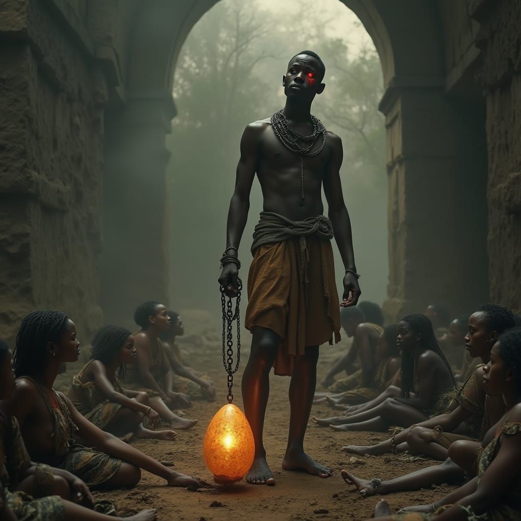 African Prince Grips Egg of Life: Dramatic Dark Fantasy