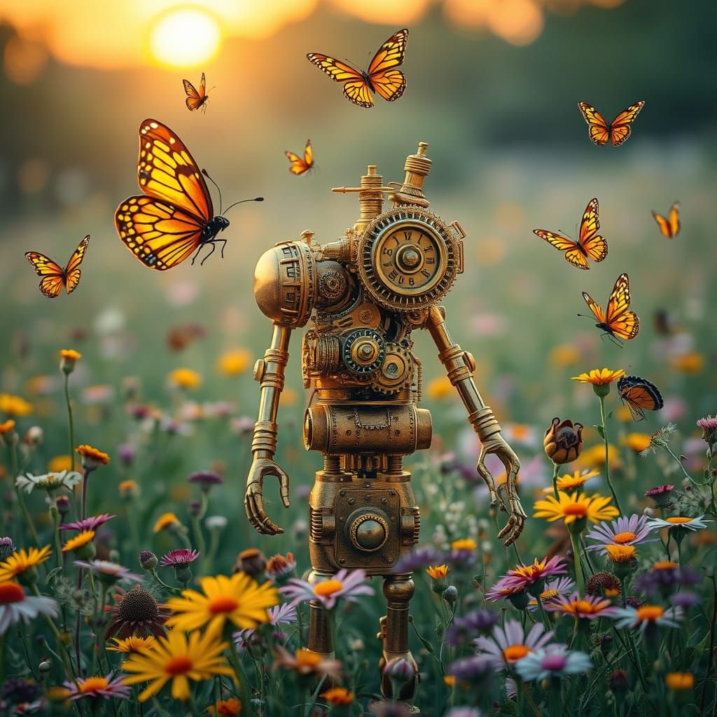 A steampunk automaton, crafted from polished brass and intricate gears, stands amidst a field of vibrant wildflowers. Bu...