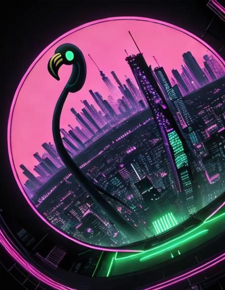 Vaporwave Flamingo in Neon Cyber Cityscape