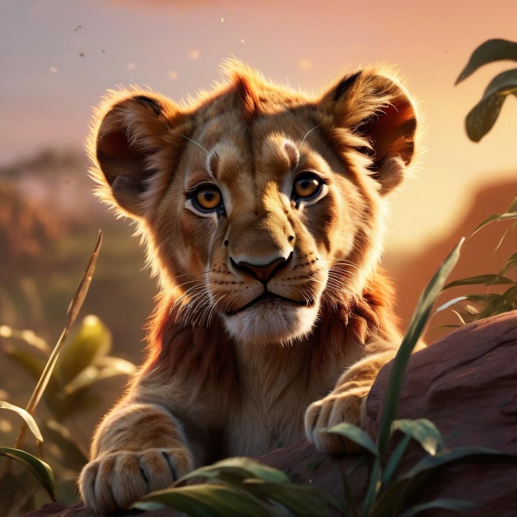 Hyperrealistic Disney Baby Simba at Sunset