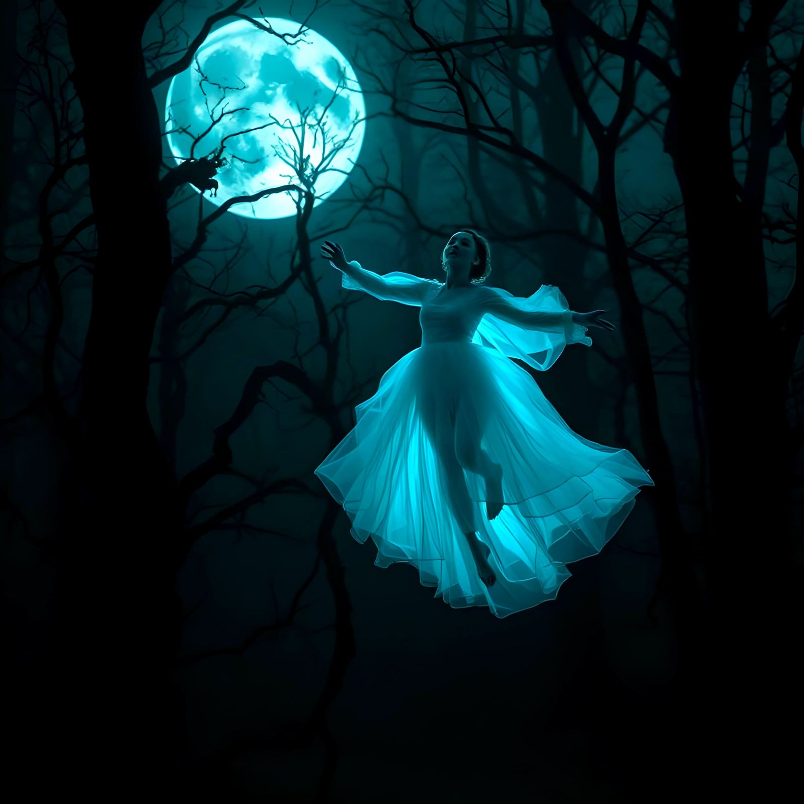 Ethereal Tulle Figure Floating in Dark Forest