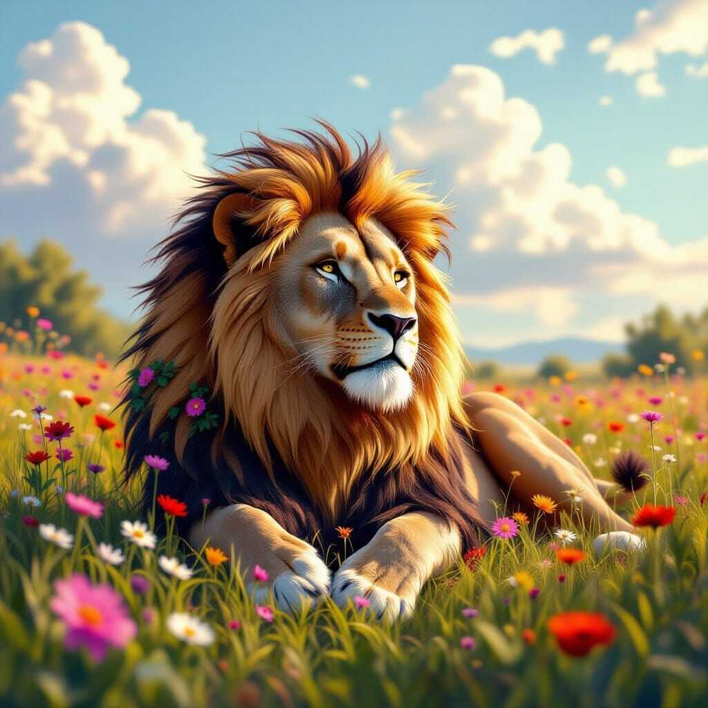 Lion with Floral Mane in a Wildflower Meadow