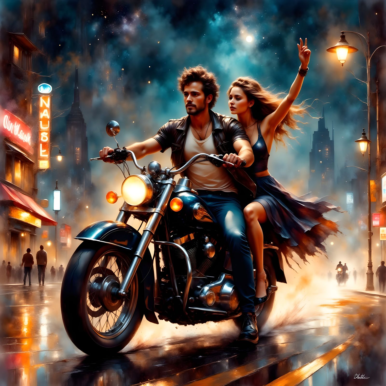Couple on Motorcycle in Neon City at Night