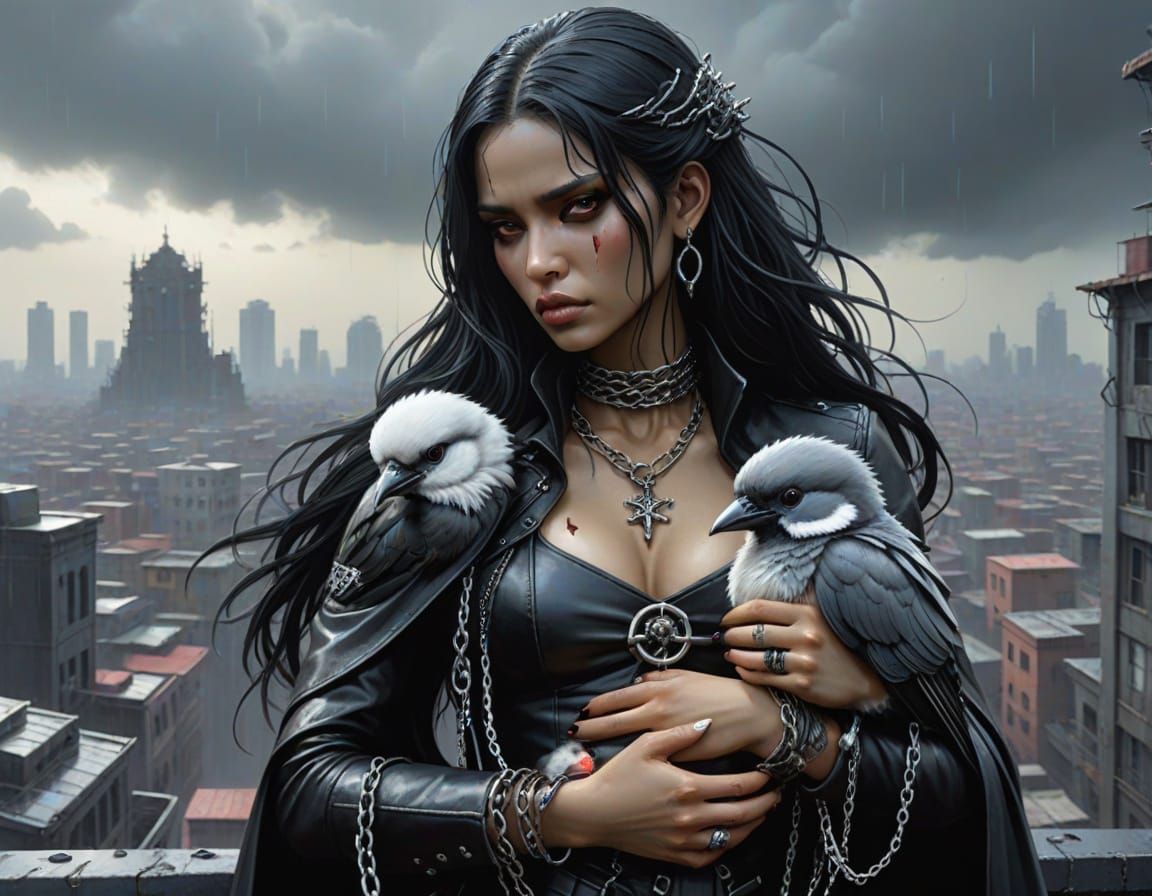Dominican Woman Cradling Bird in Cyberpunk City