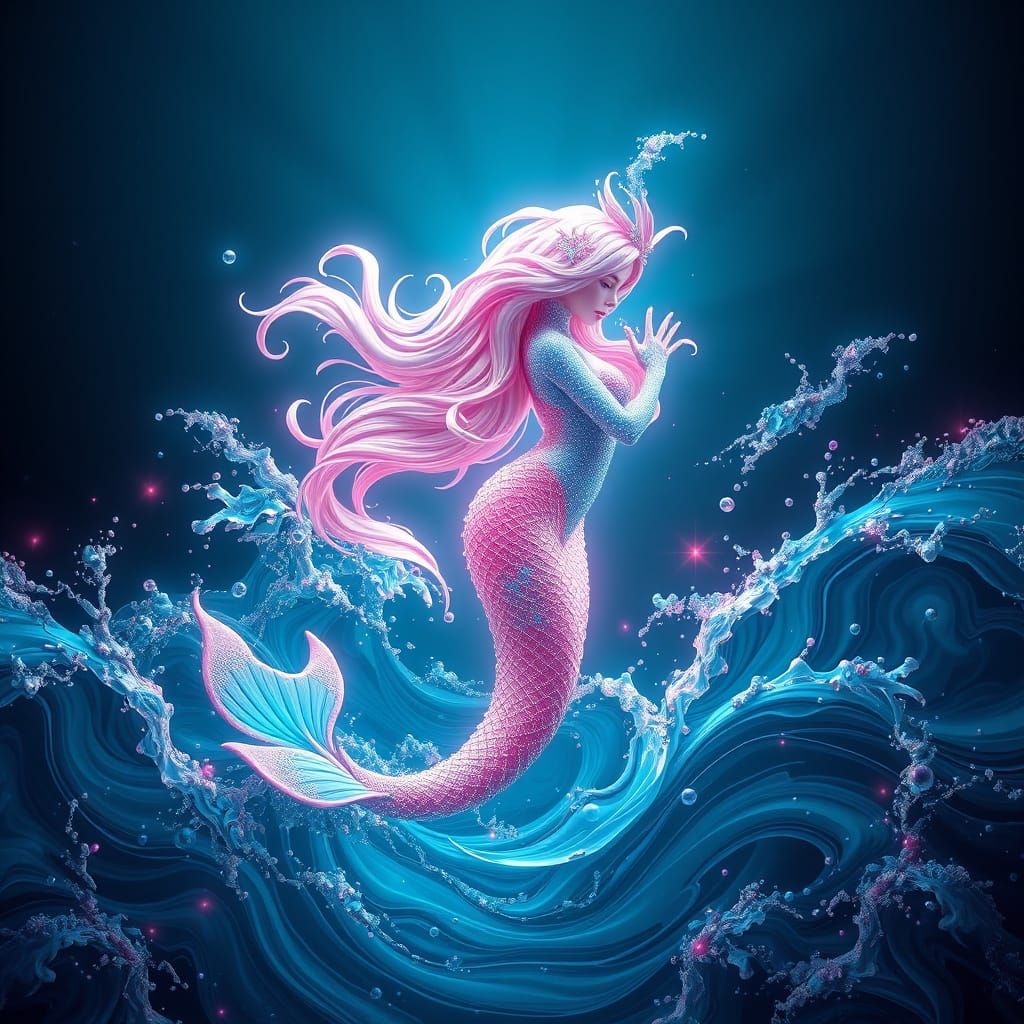 Neon Mermaid Made of Waves, Cosmic Concept Art