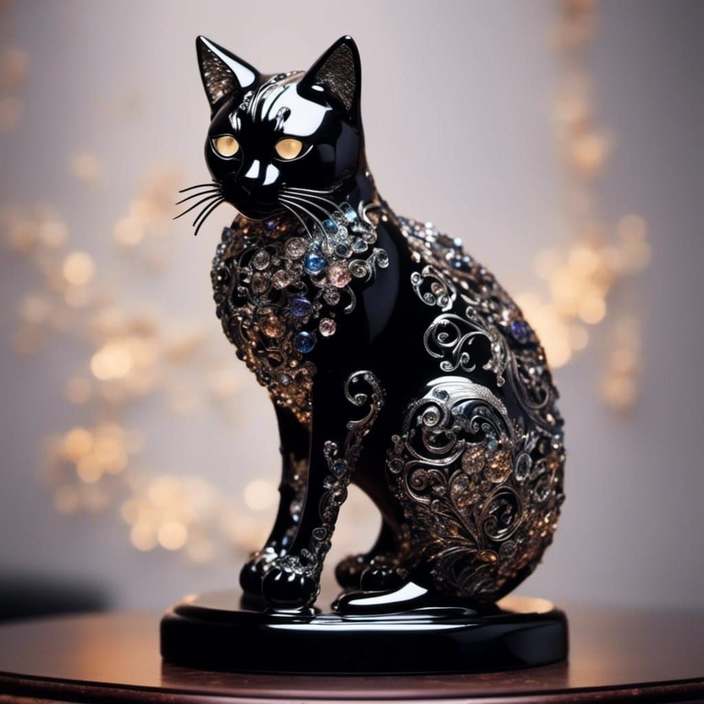 Black Glass Cat Statuette on Intricate Plinth