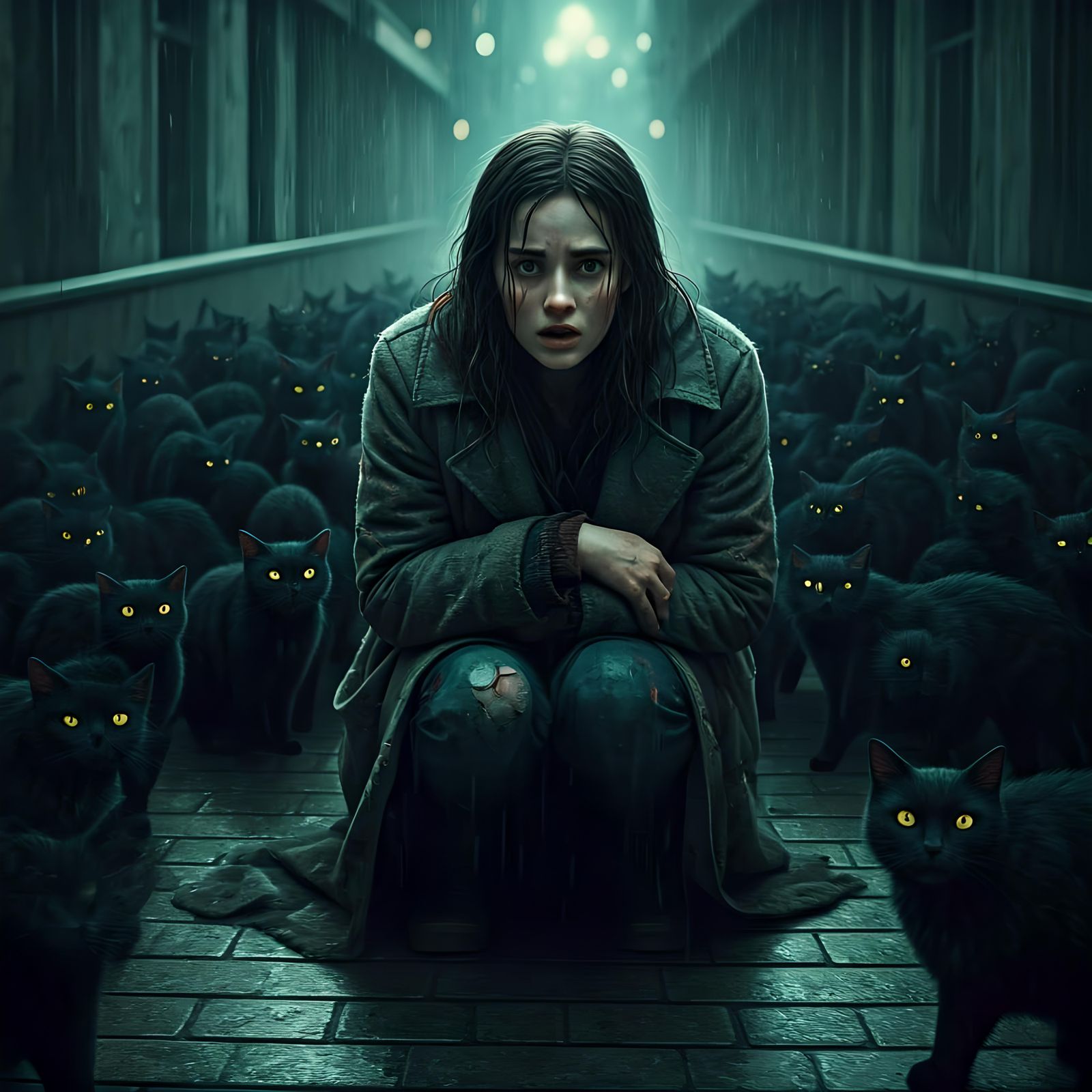 Scared Woman Surrounded by Black Cats in City