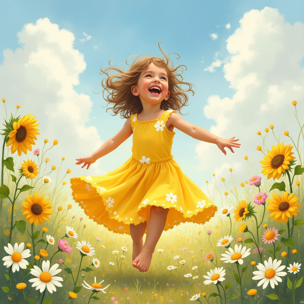 Child's Joyful Dance in Impressionistic Flower Garden