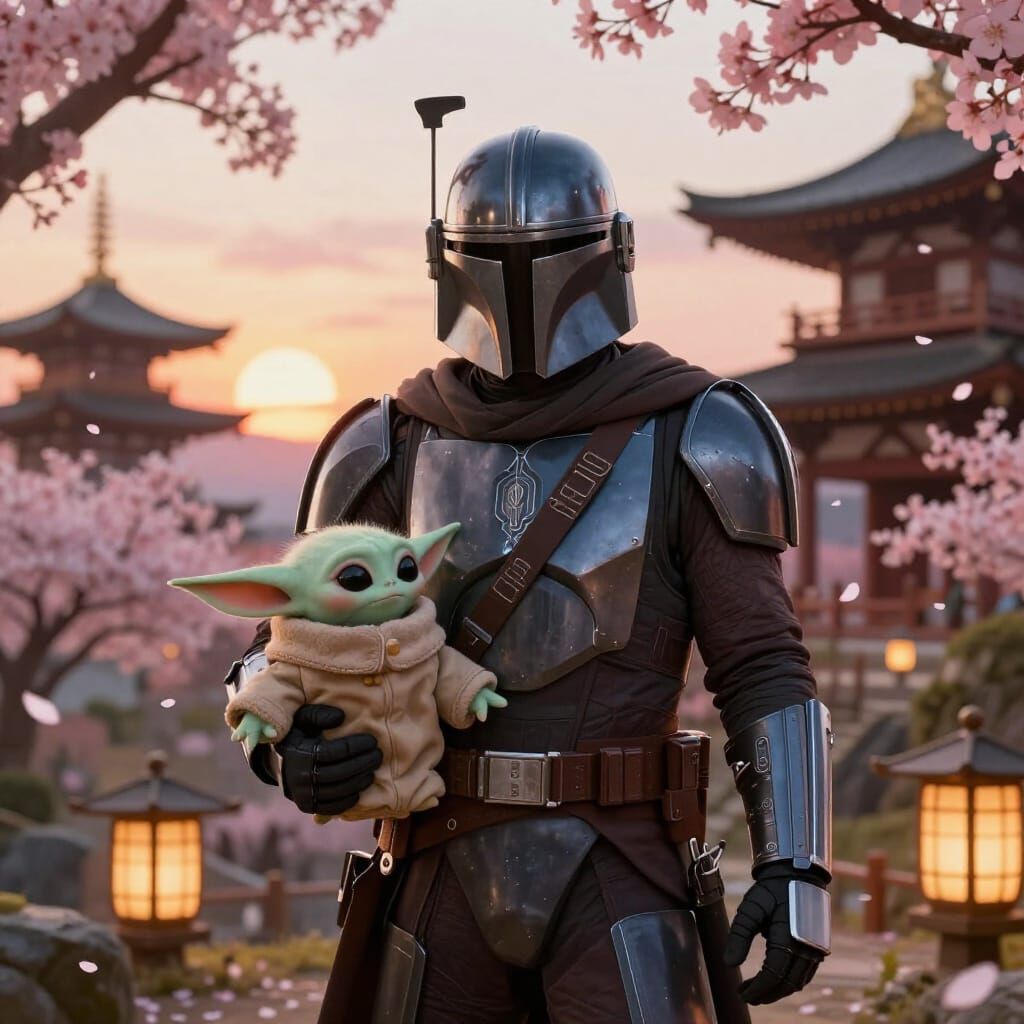 Mandalorian and Grogu in Serene Japanese Cherry Blossom Land...