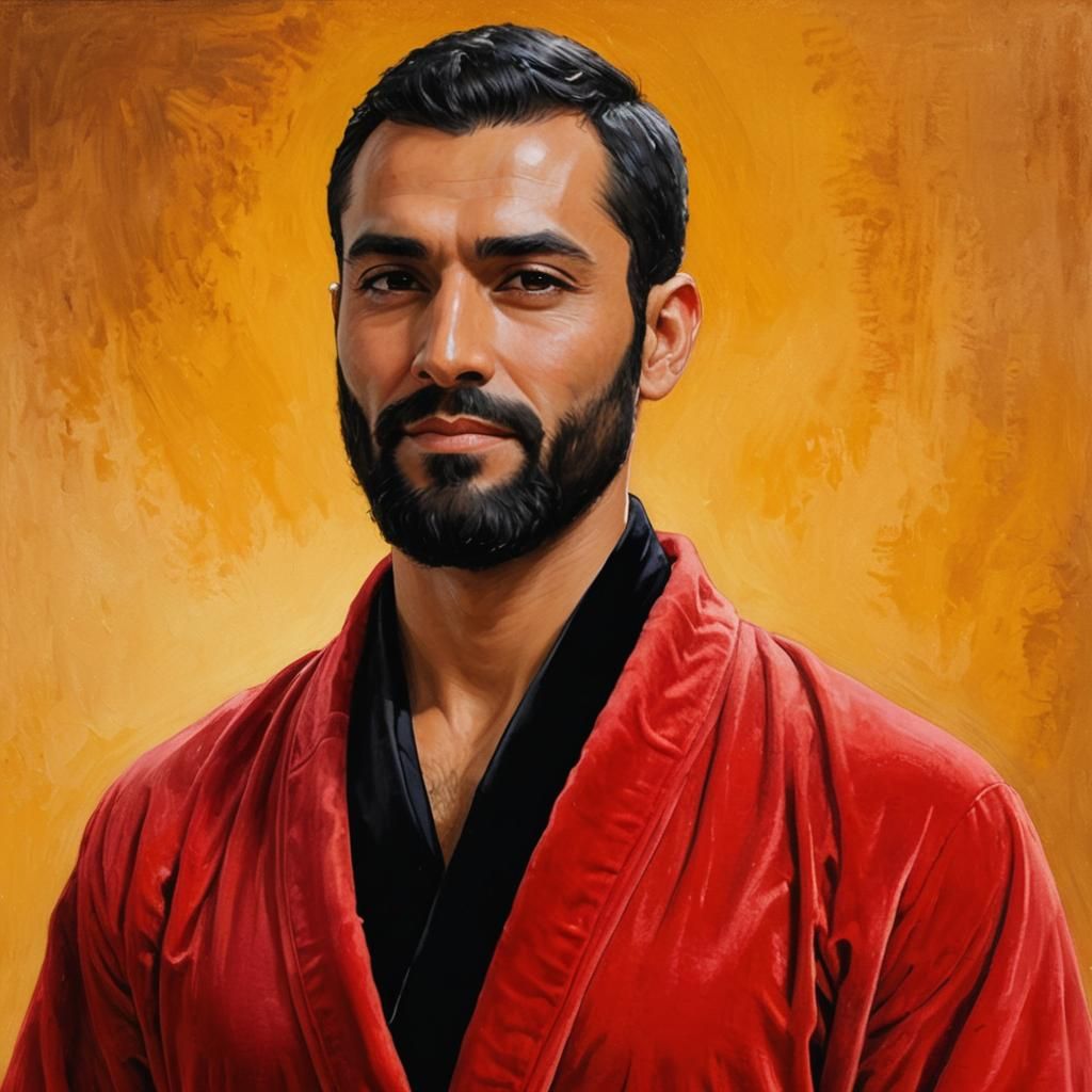 Pensive Man in Red Bathrobe, Impasto Oil Painting