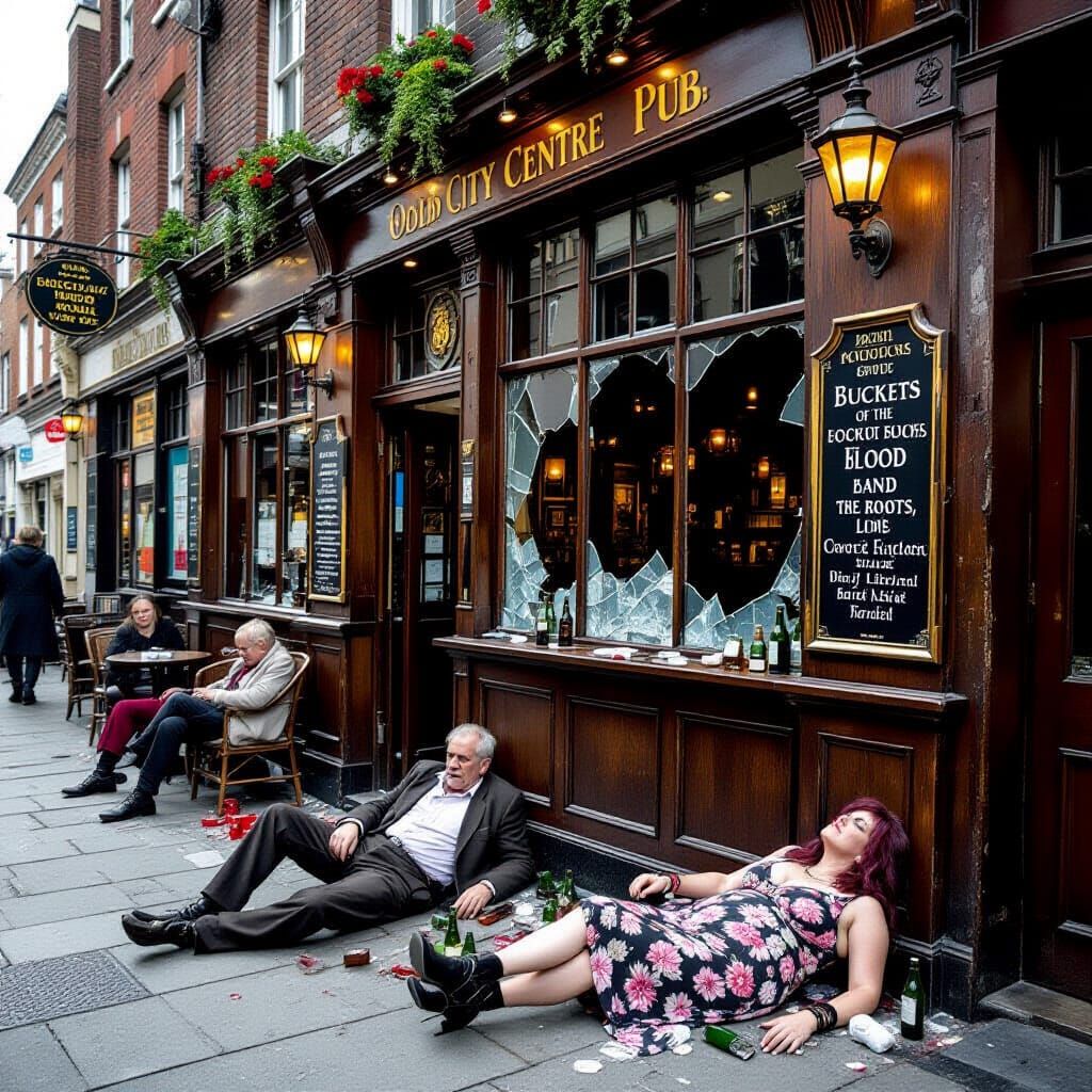 Derelict Pub Scene with Tramps and Robots
