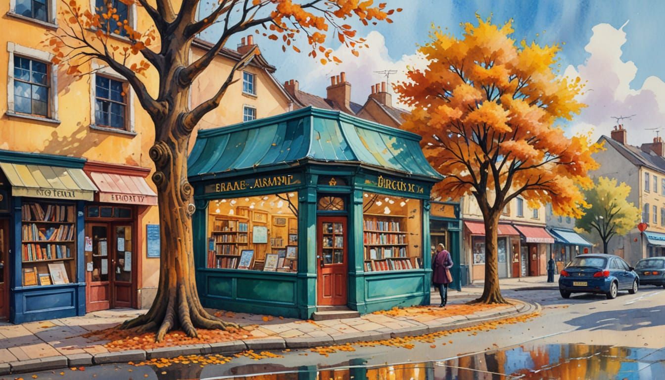 Folk Art Autumn Tree Bookstore Scene