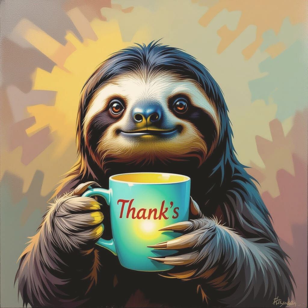 Ancient Sloth Holds Glowing Mug in Dynamic Lighting