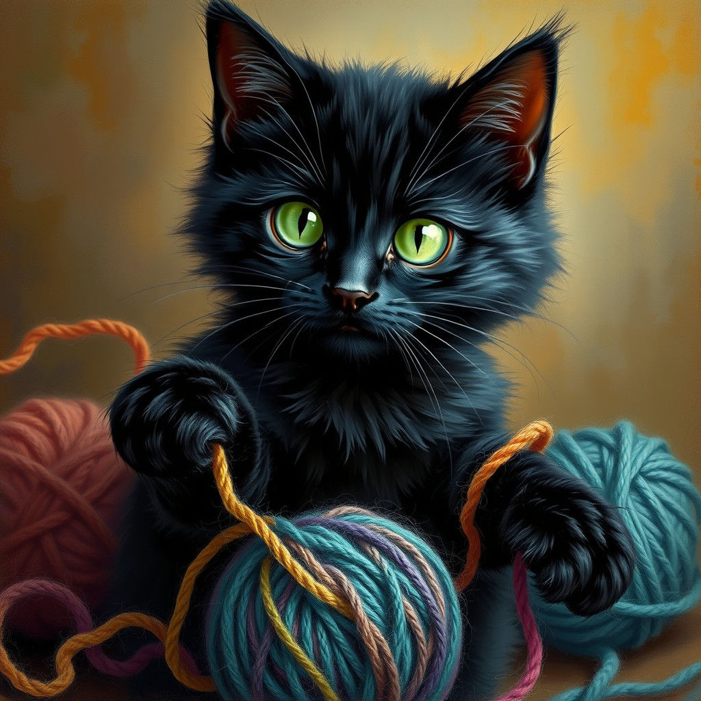 Black Cat Playing with Yarn in Oil Painting Style