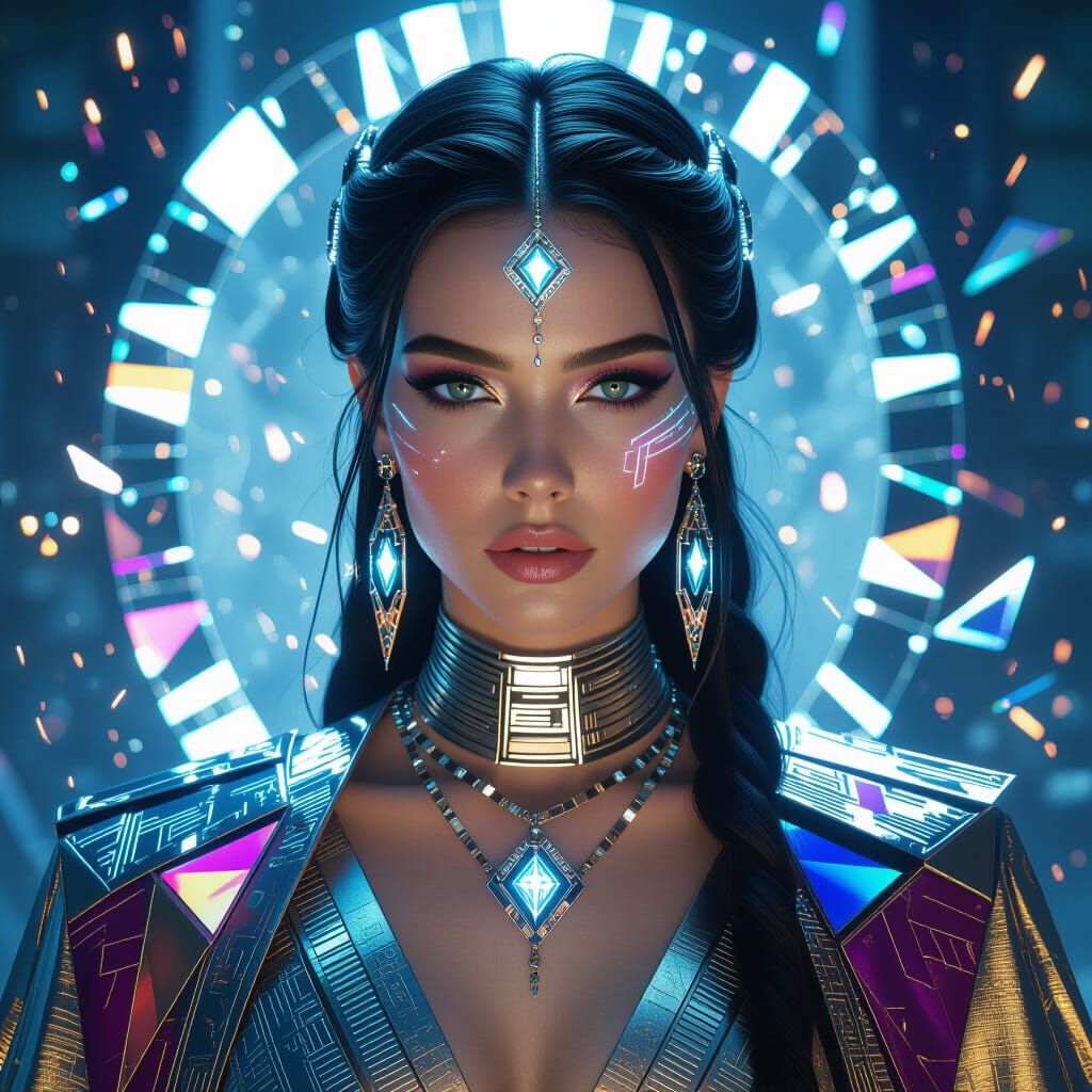 Futuristic Empress in Prismatic Robes: Digital Art Portrait