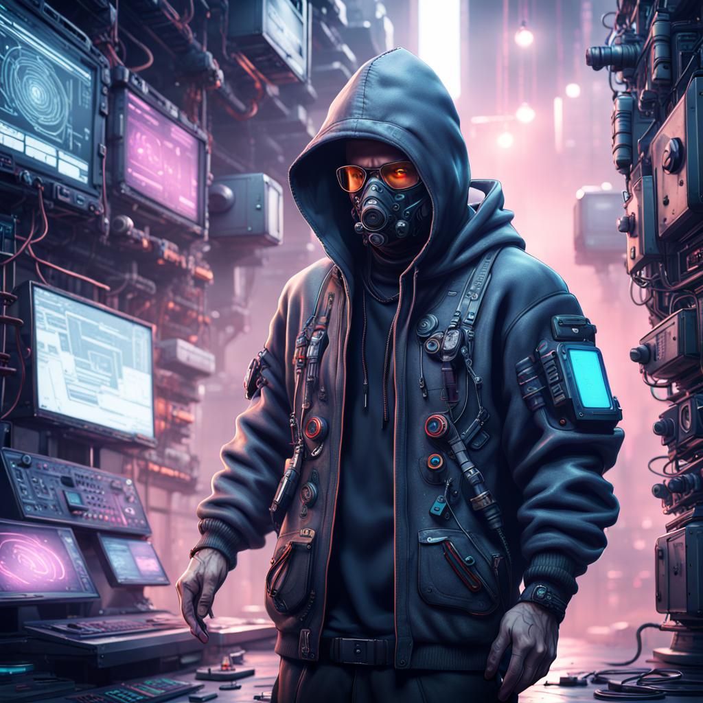 Cyberpunk Man in Hoodie at Electronic Research Lab