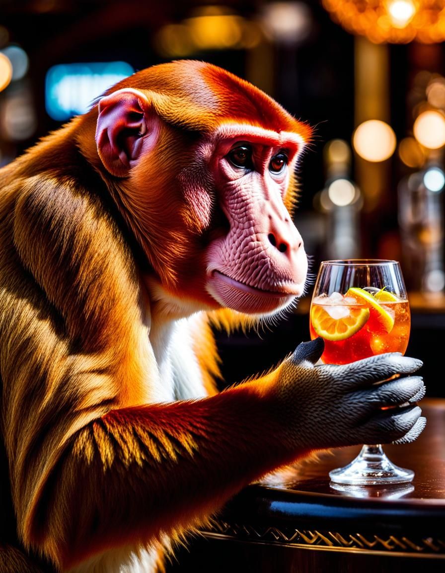 Proboscis Monkey Sipping Aperol Spritz in Swanky Bar