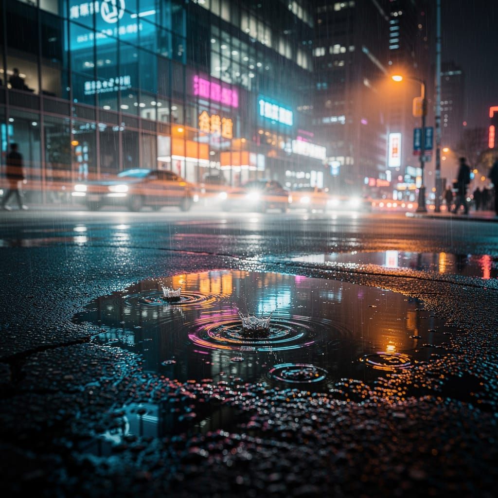 Moody Night City Reflections in Wet Asphalt