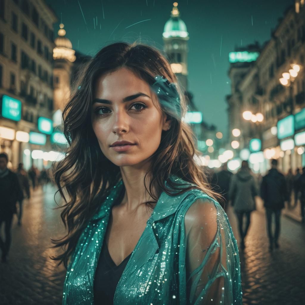 Italian Woman in Turquoise with Double Exposure