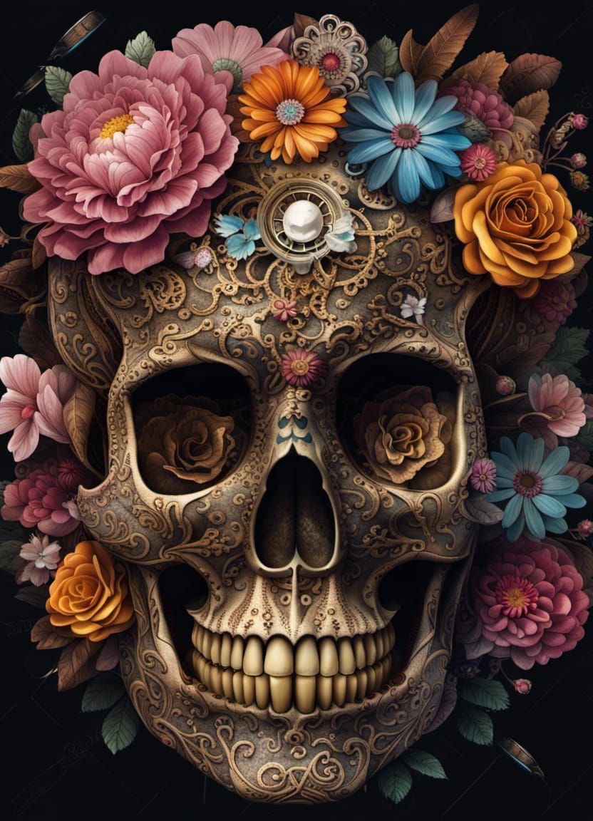 Steampunk Skull with Intricate Floral Design