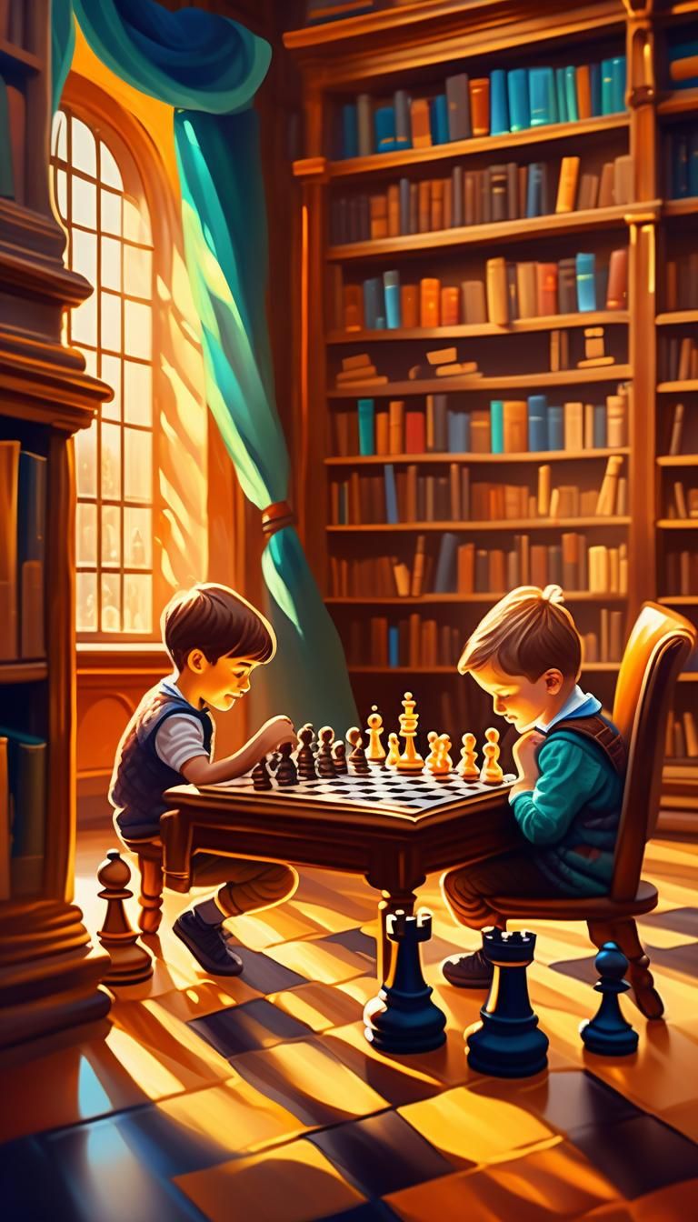 Children's Chess Game in Library, Oil Painting