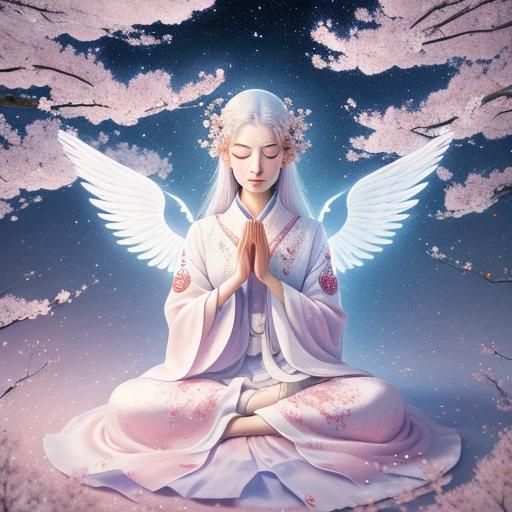 Girl Meditating with Fox in Cherry Blossoms