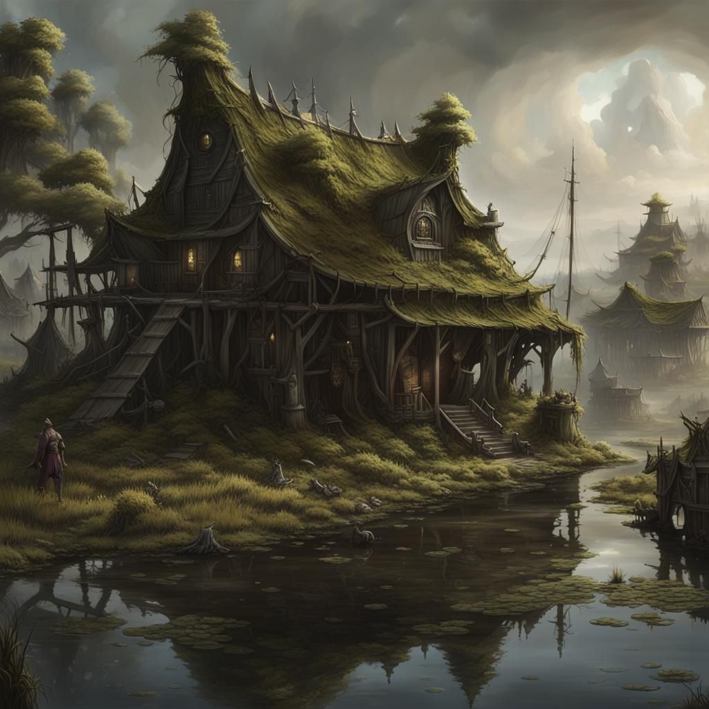 Dark Fantasy Swamp Settlement Concept Art