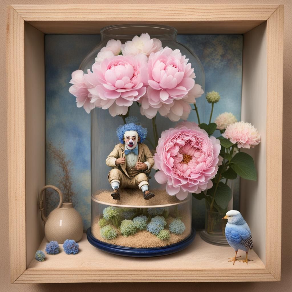 Melancholic Clown in Terrarium, Art Nouveau Style