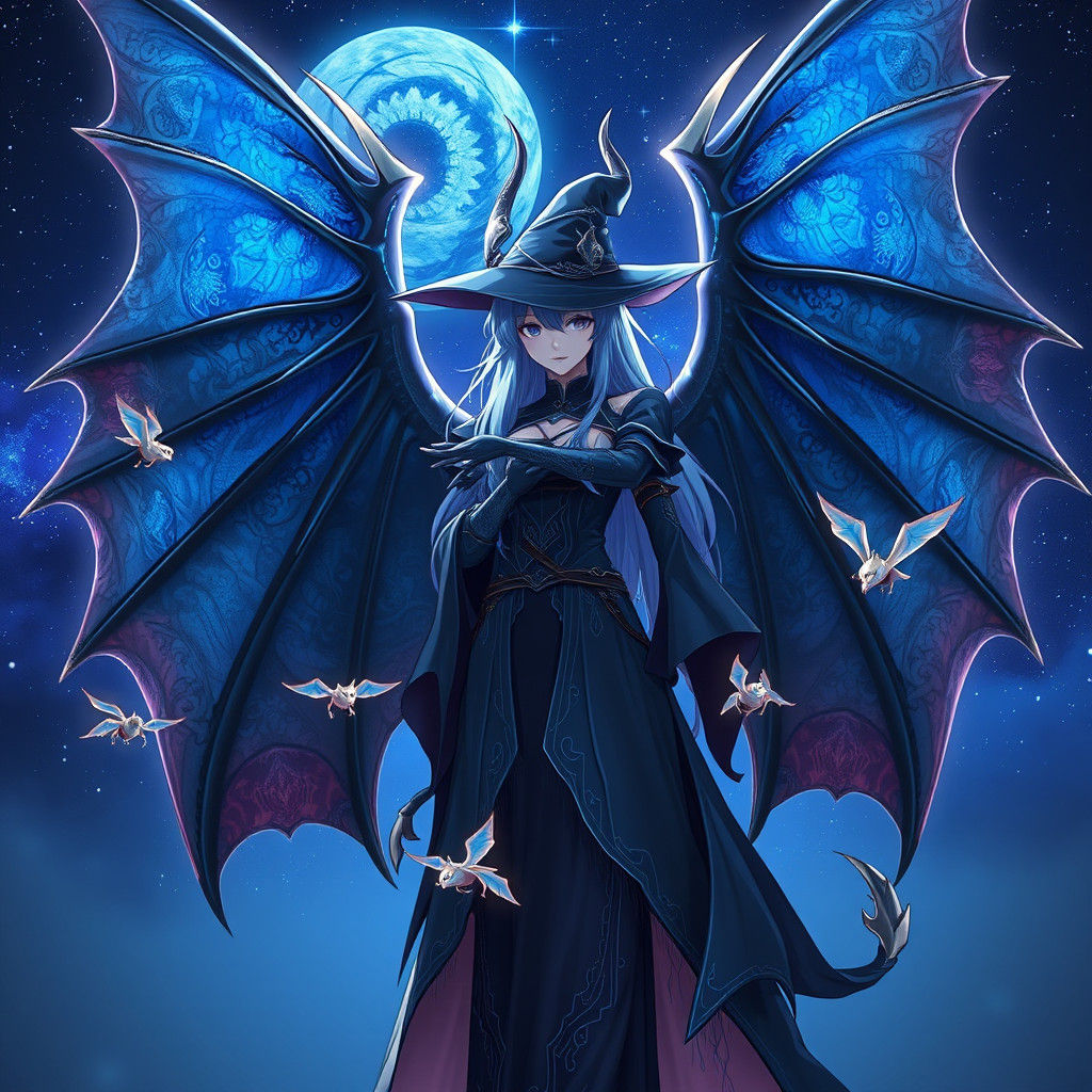 Blue Witch with Dragon Wings in Anime Style