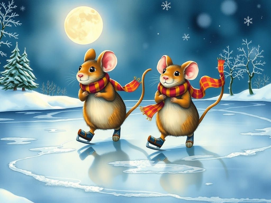 Mice Glide on Serene Frozen Lake under the Full Moon