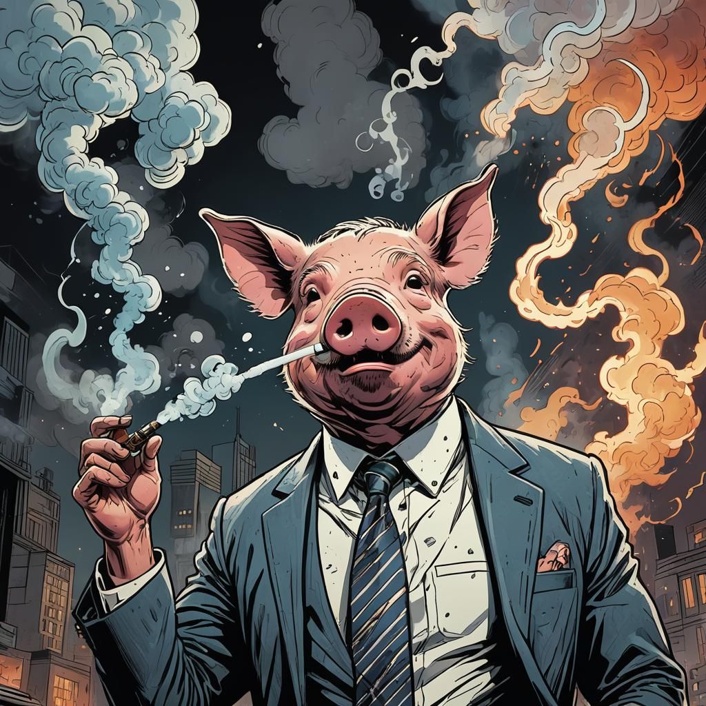 Vaping Pig in Suit: Comic Book Art