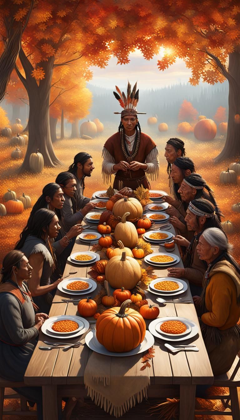 Thanksgiving Feast: Native Americans and Pilgrims in Surreal...