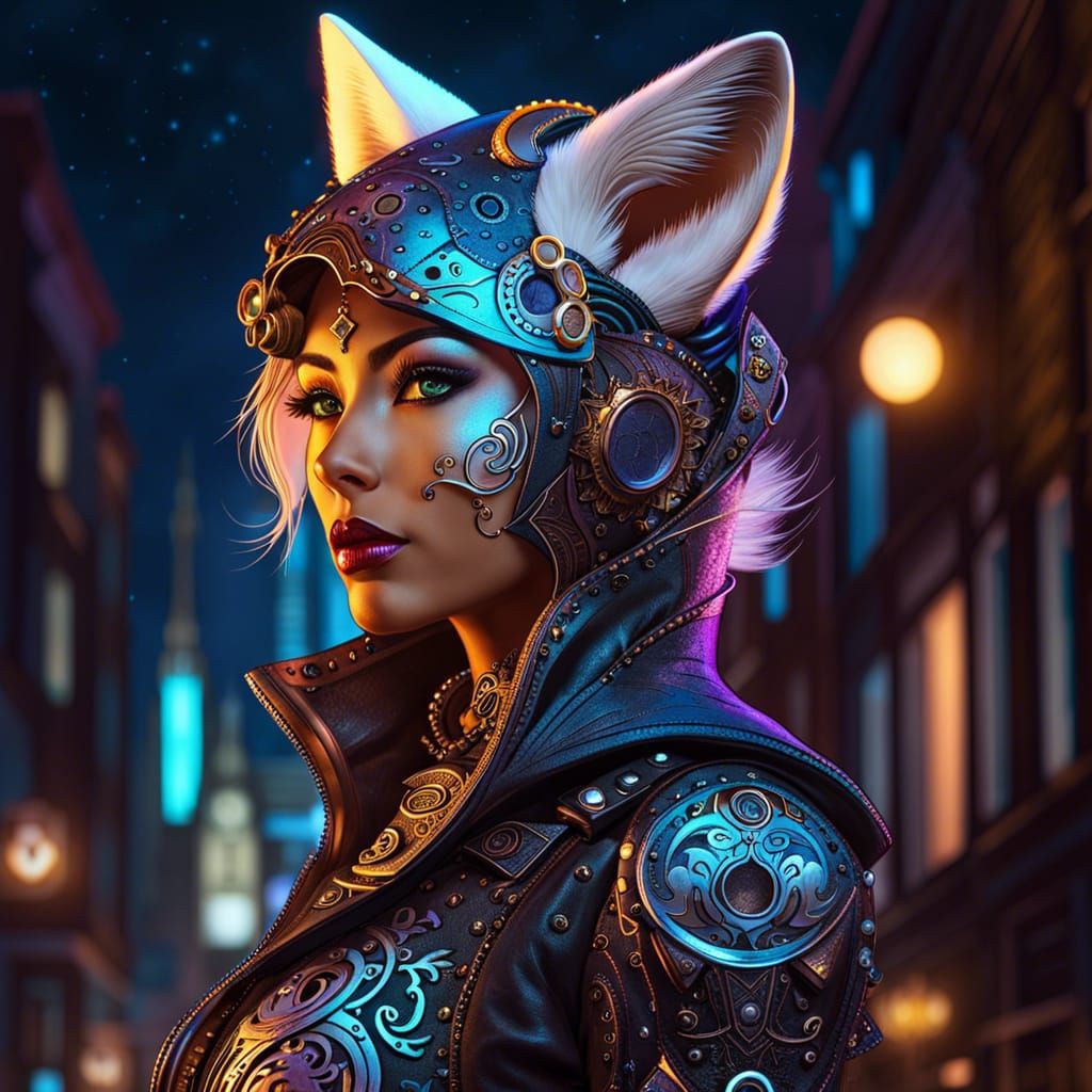 Cyberpunk Steampunk Fox Portrait on Moonlit Street